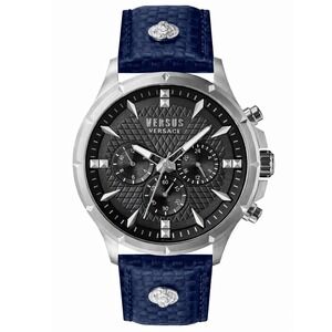 Versus Versace Chrono Lion Mens Watch Blue Leather Strap Silver Black 45mm